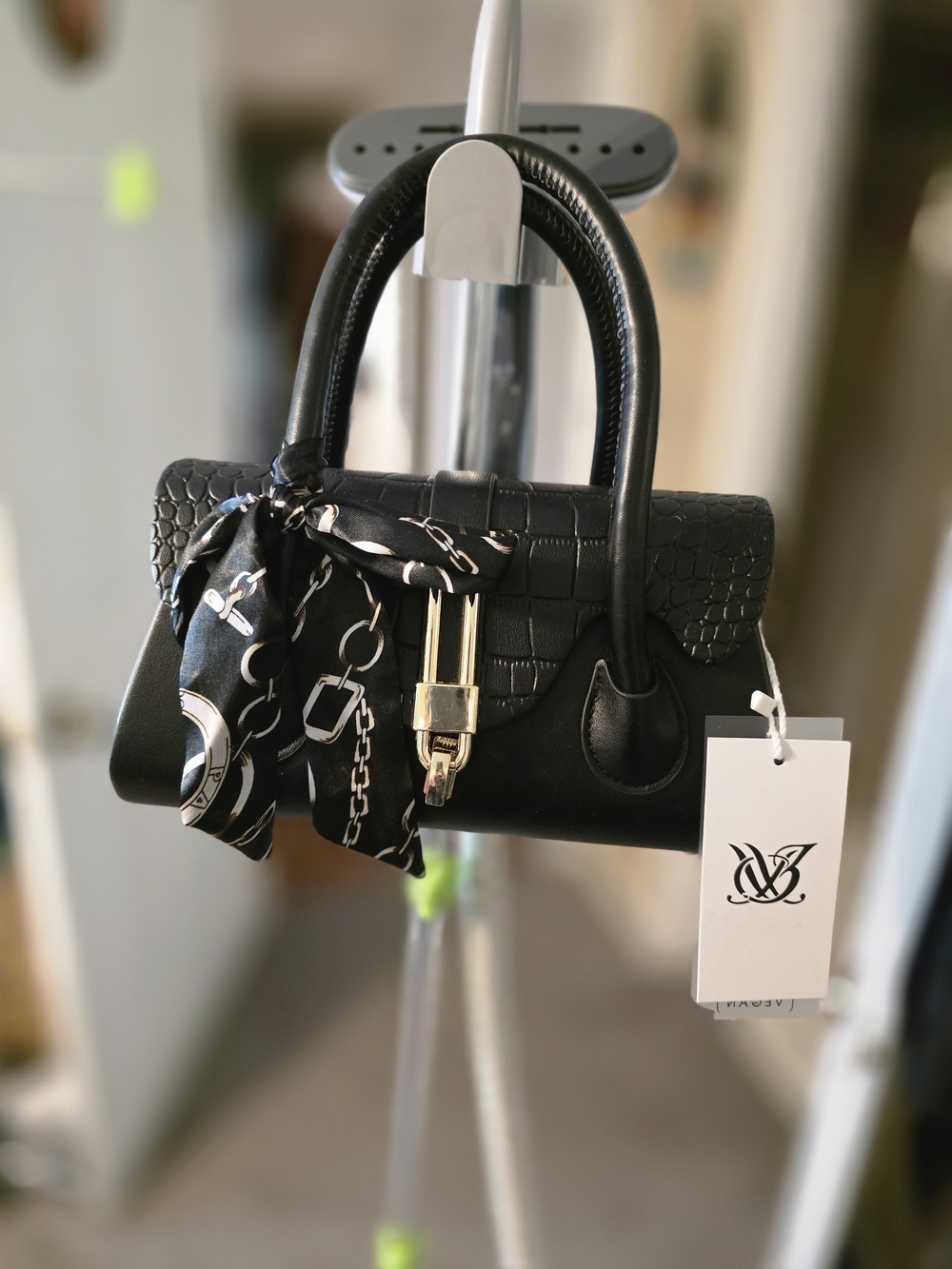 Black Croc-Texture Top-Handle Satchel with Scarf Accent